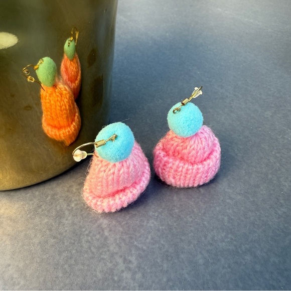 Handmade Knit Toque Earrings with Pom Pom - Pink and Blue - Picture 9 of 11